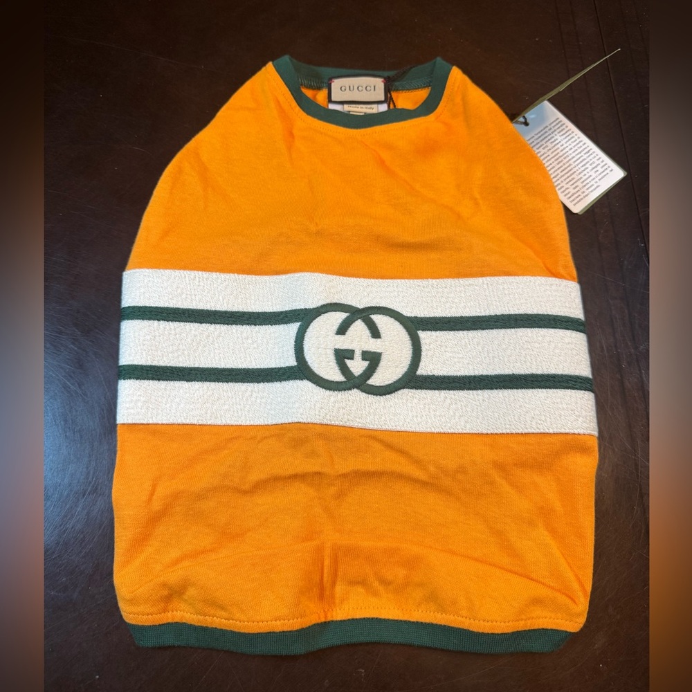 New Authentic Gucci GG Logo Dog Shirt Clothes Gold Green Size M - Picture 9 of 10